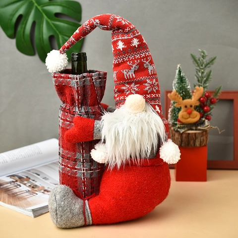 Christmas Gnome Wine Bottle Cover Knitted Fabric Plaid Cloth Faux Fur Faceless Doll Swedish Tomte Nordic Table Decor