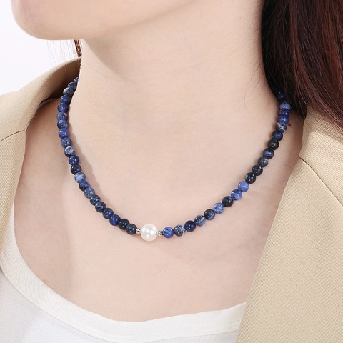 Collana E Bracciale Di Perline Di Pietra Sodalite Naturale Con Perla Artificial Di Conchiglia Acciaio Inossidabile Chiusura OT Vintage Boho Elegante Donna
