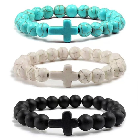 Bracciale Di Perline In Pietra Naturale Con Ciondolo A Croce Pietra Lavica Occhio Di Tigre Agata Gioielli Elastici Per Donna E Uomo