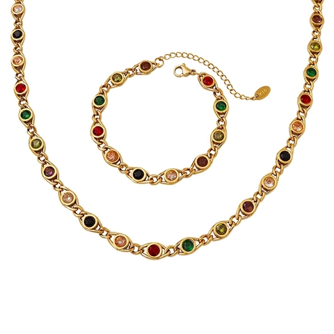 Set di Gioielli in Rame con Zirconia Colorata Collana e Bracciale per Donna Bohemien Placcato Oro Gioielli Decorativi da Festa