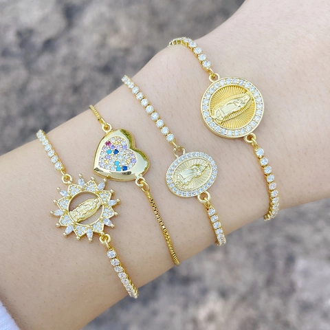 Pulsera Ajustable De Deslizamiento Cobre Bañado En Oro 18K Colgante Virgen María Corazón Circonita Colorida Joyería Religiosa