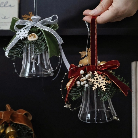 Campana Di Vetro Di Natale Ornamenti Appesi Con Fiocco Di Velluto Renna Di Legno Fiocco Di Neve Pigna Decorazione