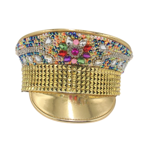 Goldener Militärhut Mit Bunten Edelsteinen Strasssteinen Und Nieten Dekorativer Kapitänshut Für Partys Cosplay Bühne