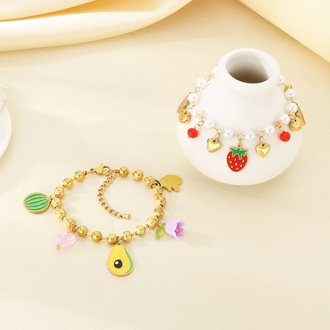 Stainless Steel Beaded Charm Bracelet With Faux Artificial Pearl Enamel Fruit Strawberry Avocado Watermelon Charms Sweet Pastoral Style