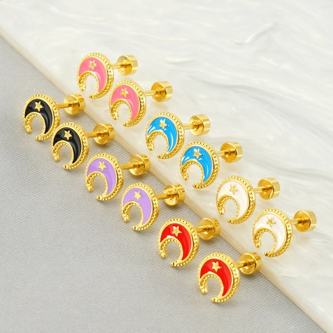Moon Star Stud Earrings 18K Gold Plated Stainless Steel Enamel Flat Back Screw On Piercing Jewelry For Women Girls