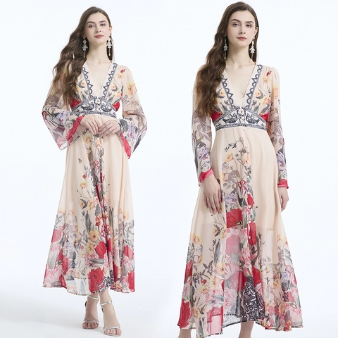 Vestito Maxi Donna Chiffon Stampa Floreale Scollo A V Profondo Maniche A Campana Bohemien Elegante Vita Alta Orlo A Volant