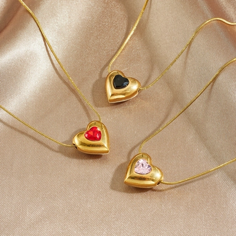 Collar Con Colgante De Corazón Acero Inoxidable Chapado En Oro Cadena De Serpiente Diamantes De Imitación Coloridos Joyería Para Mujer