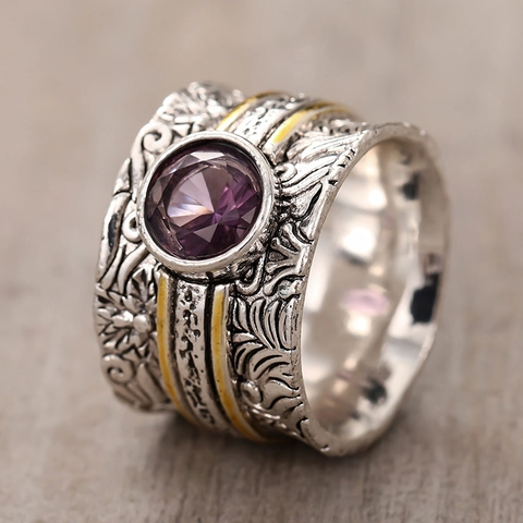 Vintage Wide Band Ring Copper Purple Glass Gemstone Floral Engraved Bohemian Dual Tone Oxidized Ethnic Style For Women