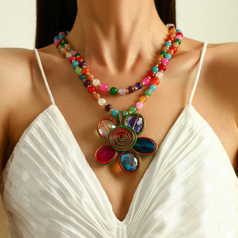Bohemian Beaded Necklace Handmade Flower Pendant Double Layer Glass Bead Long Sweater Chain For Women