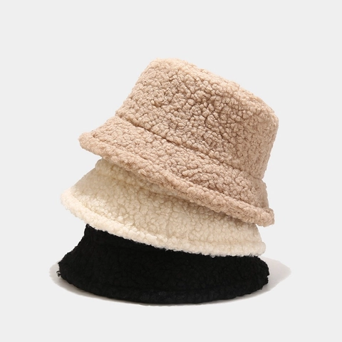Damen Falscher Lammwoll-Anglerhut Winter Warmer Plüsch-Beckenhut Weich Faltbar Casual Mode Einfarbig Fischerhut