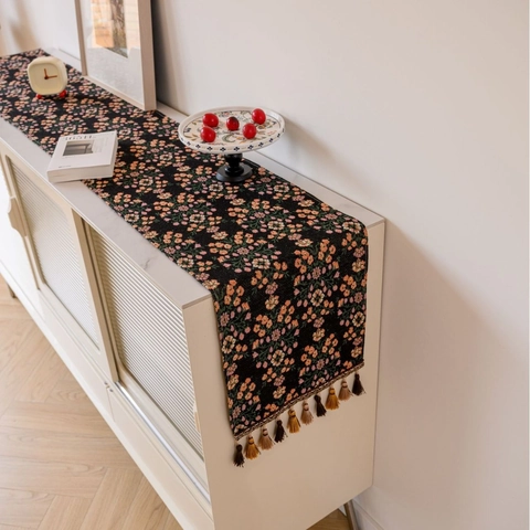 Chemin De Table Jacquard Mélange Polyester Coton Avec Glands Motifs Floraux Et Végétaux Décoration De Table Buffet Rétro