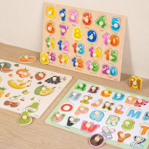 Wooden Peg Puzzle Early Education Learning Toy For Toddlers Alphabet Numbers Animals Hand Grasping Board