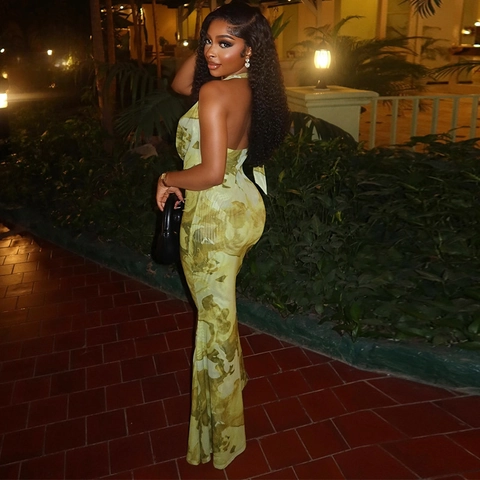 Women Halter Neck Maxi Dress Deep V Backless Marble Print Elegant Sexy Fishtail Polyester Spandex Party Vacation