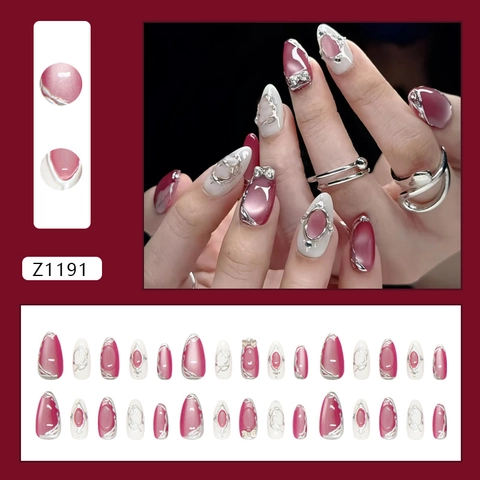 Unghie Finte Press On Lunghe A Mandorla Viola Occhio Di Gatto Con Fiocco In Metallo Argentato 3D Strass ABS Donne Stile Y2K