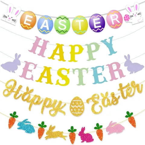 Banner Di Pasqua Carta Luccicante Coniglio Carota Uovo Ghirlanda Per Decorazione Di Feste Sfondo Casa Ornamento Appeso