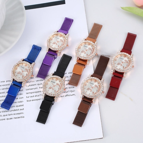 Women Quartz Watch Rhinestone Dolphin Pattern Milanese Stainless Steel Mesh Magnetic Strap Fashion Elegant Analog Timepiece