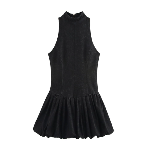 Mouwloze Mini-Jurk Met Hoge Hals Denim Textuur Polyester Ballon Bubble Zoom Achterrits Elegant Voor Dames