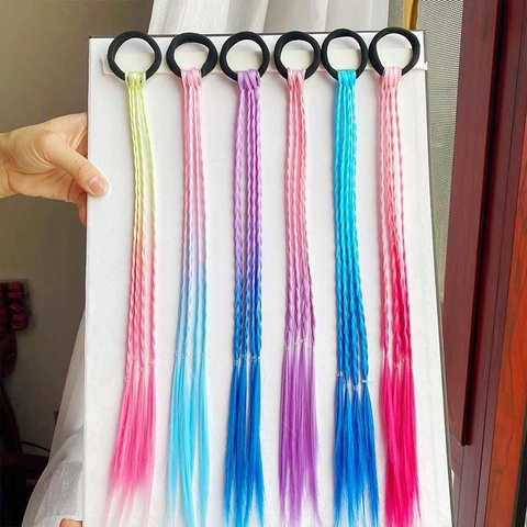 Kinderen Meisjes Gevlochten Haar Extensions Paardenstaart Gradiënt Kleurrijk Synthetische Vezel Elastische Haarbanden