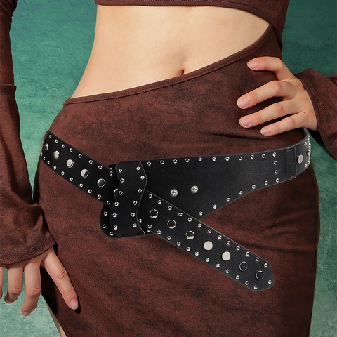 Punk Style Wide Belt For Women PU Leather With Silver Metal Rivets And Snap Buttons Harajuku Streetwear Accessories