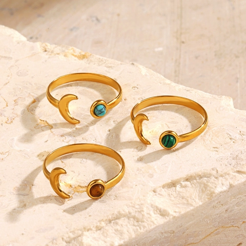 Moon Open Ring Stainless Steel With Natural Stone Turquoise Malachite Tiger Eye Adjustable Bohemian Fashion Jewelry