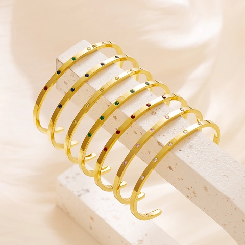 Minimalistische C-Vormige Manchetarmband 18K Verguld Roestvrij Staal Kleurrijke Zirkonia Open Armband Mode-Sieraden Dames