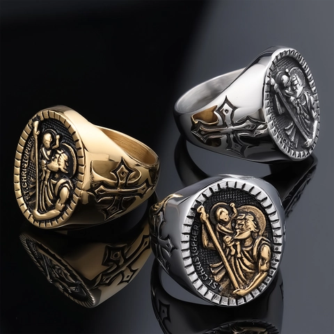 Anello Sigillo Medaglia San Cristoforo Acciaio Inossidabile Vintage Religioso Croce Rilievo Gioielli Per Uomo Punk Gotico