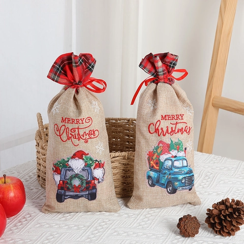 Christmas Burlap Drawstring Gift Bags Buffalo Plaid Linen Pouch Merry Christmas Gnome Truck Print Holiday Party Decor