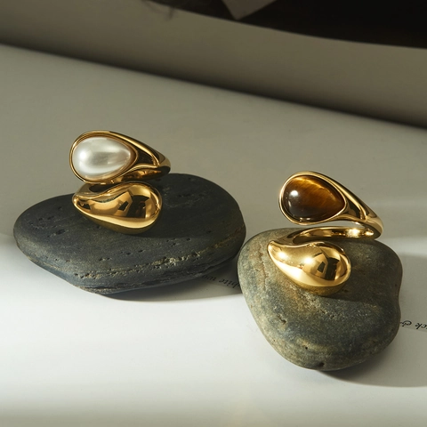 Edelstahl Hammerschlag Armreif Und Ring Mit Imitationsperle Tigerauge Zirkon Für Damen Vintage Luxus