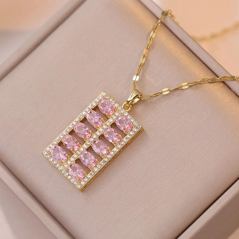 Collana Con Pendente Abaco Acciaio Al Titanio Zircone Colorato Rettangolare Gioielli Alla Moda Catena Da Clavicola Per Donna