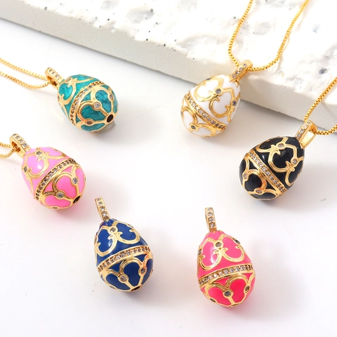 Faberge Stil Ei Anhänger Halskette Kupfer Vergoldet Emaille Zirkon Mikro Inlay Vintage Schmuck Für Frauen Elegant