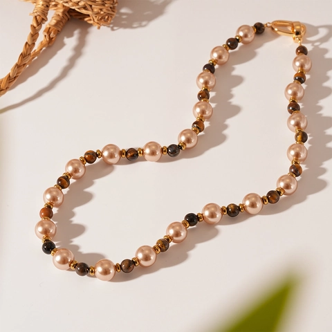 Collana Di Perline Retro Con Pietra Occhio Di Tigre Sintetica E Künstliche Perle Rame Placcato Oro Catena Da Clavicola Vintage Da Donna