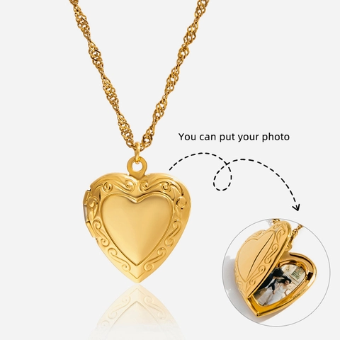 Heart Locket Necklace 18K Gold Plated Stainless Steel Openable Photo Pendant Engraved Flower Vintage Romantic Jewelry Gift