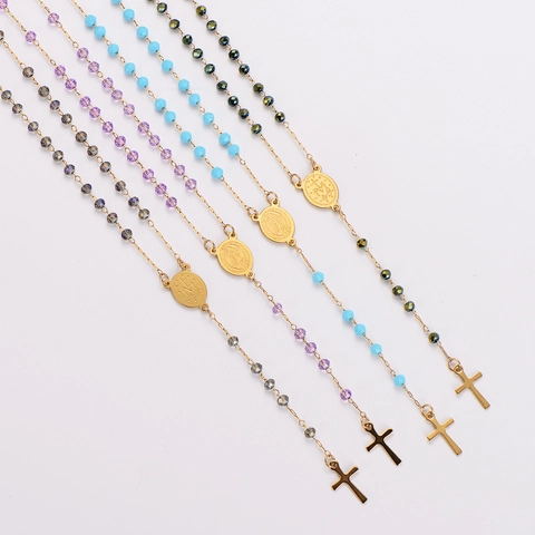 Collar Rosario De Acero Inoxidable 304 Con Cuentas De Cristal Y Colgante De Medalla De Guadalupe Cruz Crucifijo Religioso