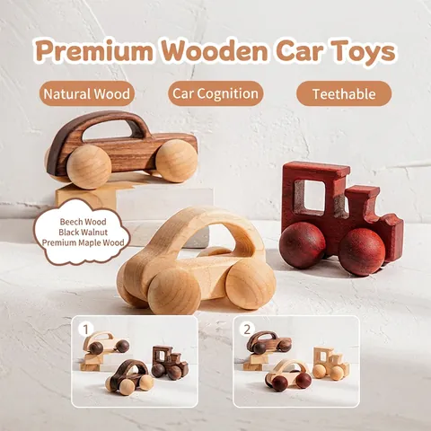 Wooden Toy Cars Animal Shapes Montessori Early Education Beech Walnut Wood Handheld Push Toy For Toddlers Polished Smooth