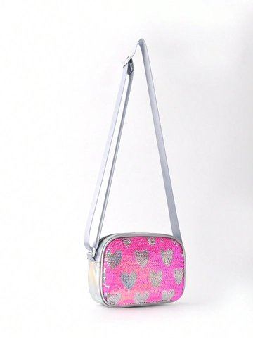 Girls Sequin Heart Crossbody Bag Holographic PU Small Square Shoulder Purse For Kids