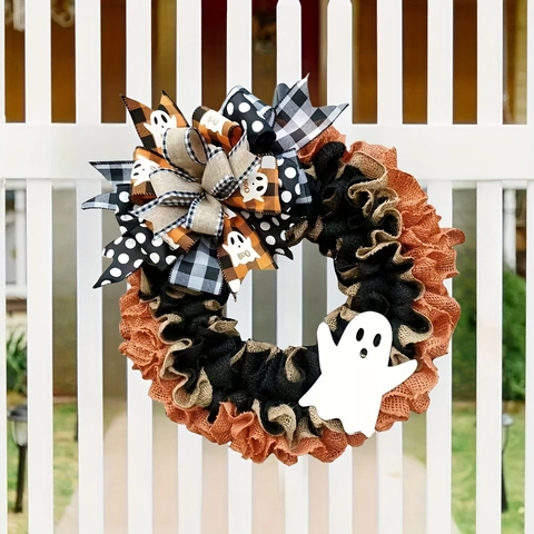 Ghirlanda Halloween Fantasma Iuta Arancione Nero Fiocco Decorazione Da Appendere Porta D'ingresso Ornamento Parete