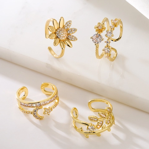 Elegante Koperen Verstelbare Open Ring Zirkoon Geometrische Zonnebloem Ster Maan Verguld INS Stijl Dames Sieraden