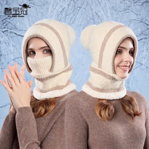 Women Winter Balaclava Hat Knitted Fleece Lined Windproof Neck Warmer Mask Integrated Cap With Faux Fur Pom Pom Striped