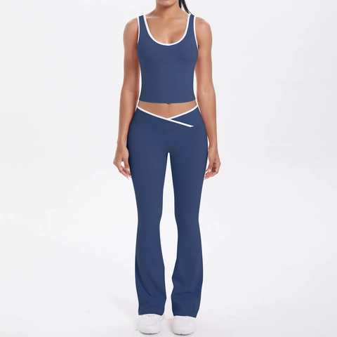 Completo Yoga Donna Canotta E Pantaloni A Zampa Vita Alta Bordi A Contrasto Slim Fit Asciugatura Rapida Fitness Gym
