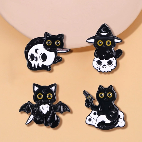 Halloween Gatto Nero Scheletro Smalto Spilla Pin Lega Cartone Animato Gotico Carino Animale Distintivo Da Risvolto Per Zaino Cappello Vestiti