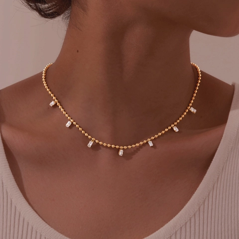 Collar De Cadena De Bolas De Acero Inoxidable Chapado En Oro Con Dijes De Strass Rectangulares Para Mujer Joyería Geométrica