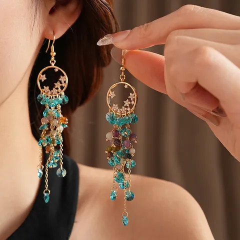 Orecchini Vintage Con Frange A Stella Con Perno In Argento Lega Zircone Perle Di Cristallo Colorate Gioielli Donne