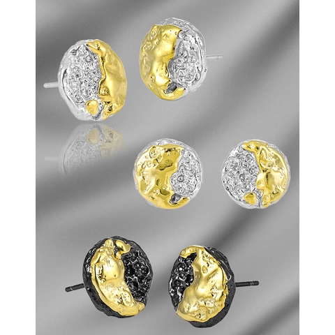 Orecchini a Bottone Bicolore in Argento Sterling S925 per Donna Placcati in Oro 18K Texture Lavica Geometrici Rotondi Retro Gioielli di Nicchia