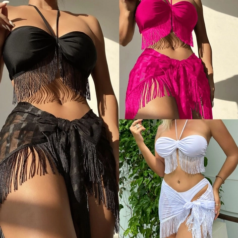 Fringe Bandeau Bikini Top And Bottom With Mesh Tassel Wrap Skirt Padded Summer Beach Vacation Swimwear For Women