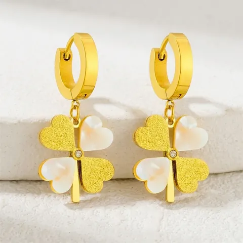 Vierblättriges Kleeblatt Halskette Und Ohrringe Edelstahl Vergoldet Weißmuschel Zirkon Inlay Modeschmuck Für Damen