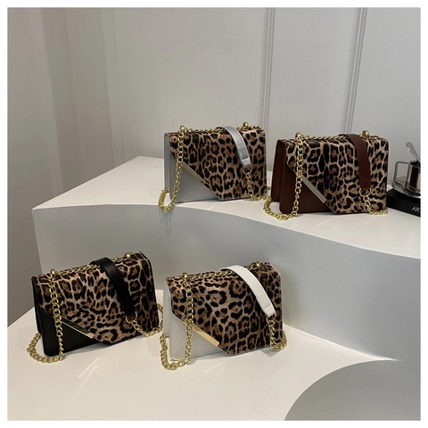 Leopard Print Crossbody Bag For Women PU Leather Splicing Gold Metal Chain Shoulder Bag Chic Flap Square Handbag