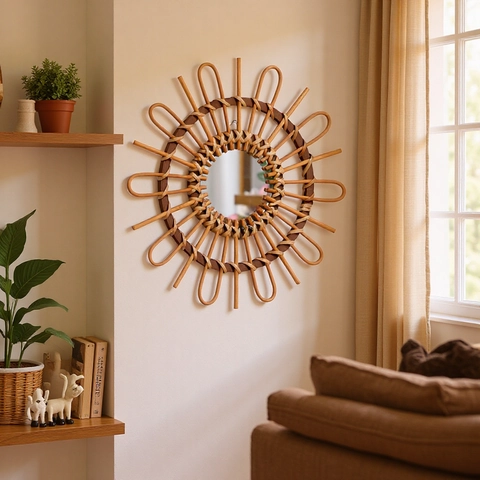 Handmade Rattan Woven Wall Mirror Sunburst Sunflower Decorative Hanging Mirror Bohemian Nordic Style Natural Wicker Home Decor
