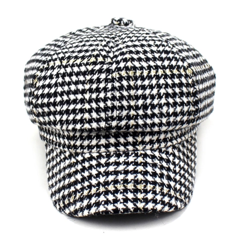 Casquette Gavroche Motif Pied De Poule Acrylique Fil Métallique Chapeau Octogonal Automne Hiver Chaud Rétro Style Britannique