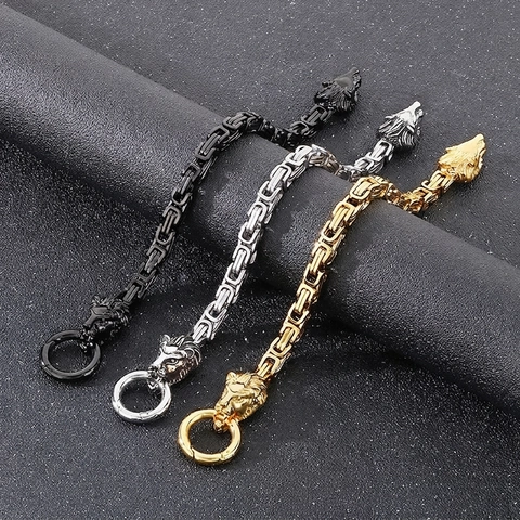 Men Stainless Steel Bracelet Lion Head Wolf Head Byzantine Chain Punk Hip Hop Retro Jewelry