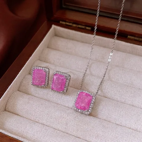 Gioielli In Rame Zircone Rettangolare Rosa Micro Pave Halo Collana E Orecchini Stile Di Lusso Elegante Per Donne
